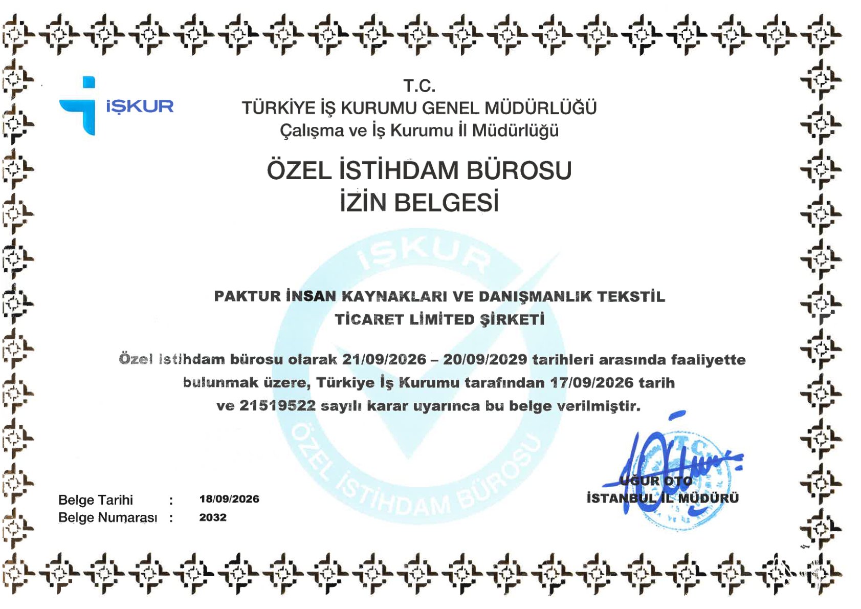 Özel İstihdam Bürosu İzin Belgesi
